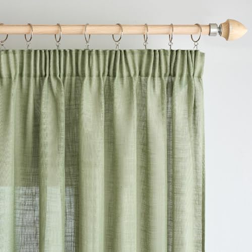 Woaboy Leinen Gardinen Vorhänge Kräuselband 2er Set 140x235cm Grün | Leinenoptik und halbtransparentes Gewebe für Wohnzimmer und Schlafzimmer, moderne Stores mit weichem Licht.