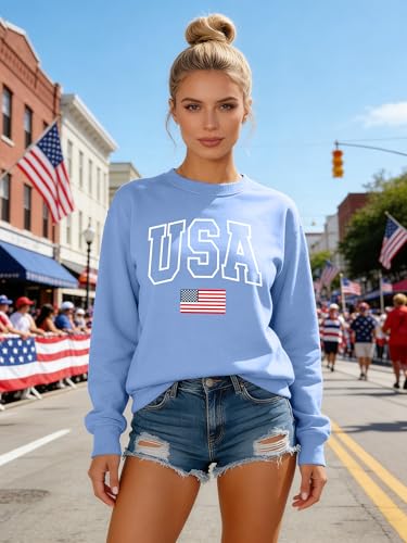 Image of PECHAR USA Sweatshirt Women American Flag Sweater 4th of July Shirts Patriotic Sweater Fourth of July Pullover