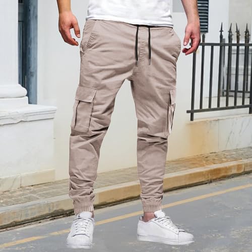 Cargo Work Pants for Men Slim Elastic Waist Drawstring Baggy Twill Track Jogger Sweatpants Cotton Pants with Pockets2