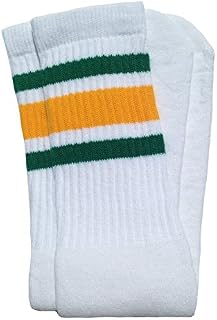 Skater Socks 19" Mid calf White tube socks with Green-Gold stripes style 3