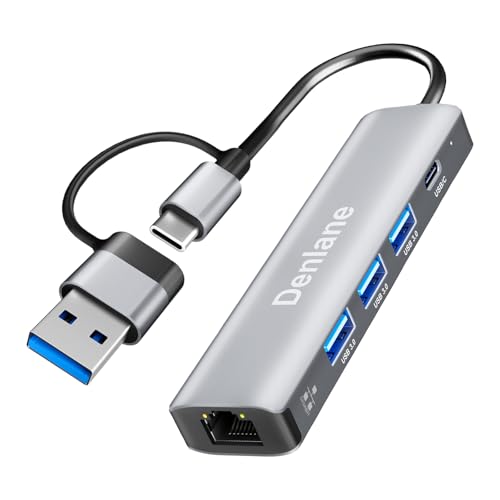 Denlane USB C USB 3.0 to Ethernet Adapter, 5 in 2 Gigabit Ethernet USB Hub for Laptop with 4-Port USB-A 3.0 and USBC, 1000Mbps RJ45 LAN Network Adapter Compatible with MacBook/iPad Pro/Phone/Tablet