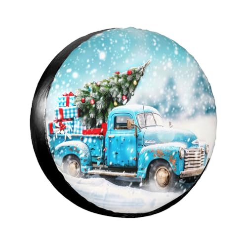 Image of New Year Blue Truck Spare Tire Cover for Rv Trailer Camper- Cute Xmas Winter Waterproof Wheel Protectors Cover Universal Fit for Truck SUV Travel New Year Outdoor-15 inch