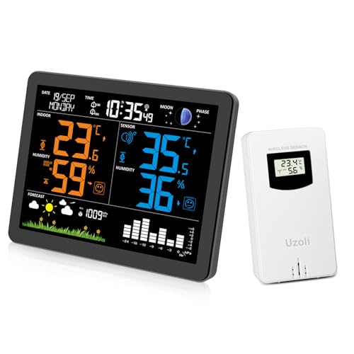 Uzoli EM3566 Stazione meteo con sensore esterno, Temperatura e Umidità, Previsioni del tempo, Pressione atmosferica, Orologio radiocontrollato, Fase lunare, Livello di comfort, Rischio muffa