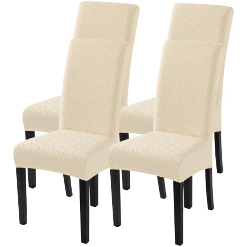 Image of SearchI Jacquard Dining Room Chair Covers Set of 4, Stretch Kitchen Chair Covers Washable Parsons Chair Slipcover Removable Dining Chair Protectors for Hotel,Ceremony(Beige Maze Jacquard)