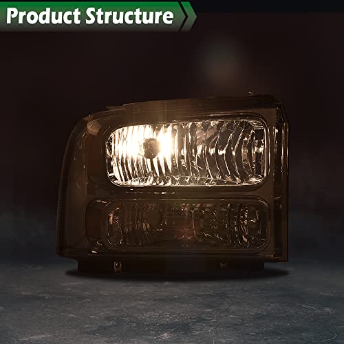 Image of GRAND ORANGE Pair Headlights Assembly, Compatible with Ford F250 F350 F450 F550 1999-2004, Fit Ford Excursion 2000-2004, Driver & Passenger, Smoky Lens Chrome Housing Amber Reflector, faros delanteros