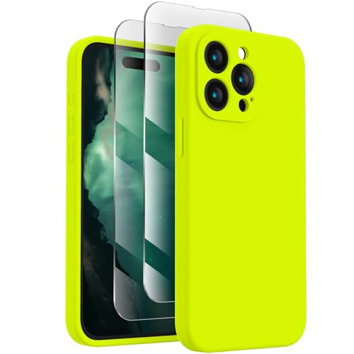 Image of FireNova Designed for iPhone 15 Pro Max Case, Silicone Upgraded [Camera Protection] Phone Case, Soft Anti-Scratch Microfiber Lining Inside, 6.7 inch, Fluorescent Green