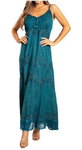 Image of Sakkas Stonewashed Rayon Embroidered Adjustable Spaghetti Straps Long Dress