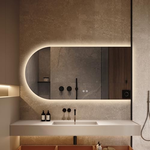 Arched LED Bathroom Mirror, 48"x24" Arch Framless Backlit Mirror with Lights Anti-Fog Dimmable Smart Frameless 3-Color Lighted Vanity Mirror Memory Waterproof, UL Listed, Horizontal-Right