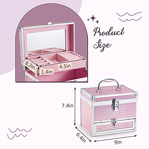 Hododou Jewelry Box For Girls Kids Organizer With Drawer & Tray Portable Travel Lockable With Mirror Handle Hair Accessories Storage Box - Shiny Pink #TOP5