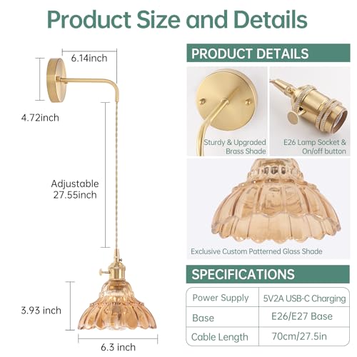 Image of Shenmoyl Battery Operated Wall Sconce Wall Lamp with Amber Lily of the Valley Shade Pattern Glass Adjustable Chain Retro Gold Wall Mounted Light, Modern Wall Lamp Fixtures Decor for Bedside Bedroom