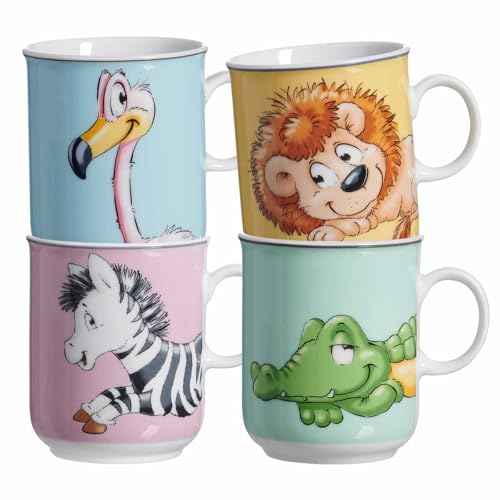 Ritzenhoff & Breker Happy Zoo Kinderbecher 4er Set, 270 ml, Kindertassen mit Henkel und Tier-Motiven, Löwe | Zebra | Krokodil | Flamingo, Porzellan, Bunt