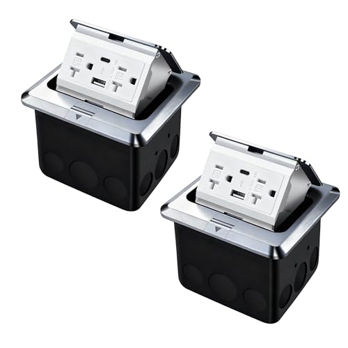 JACEPFY Floor Pop Up Outlet, Pop Up Waterproof Floor Electrical Box with 4.8A USB Chargers and 2 Outlet Receptacle Stainless Steel Cover (Type-C Silver 2pack) by JACEPFY - Used condition - US$49.14