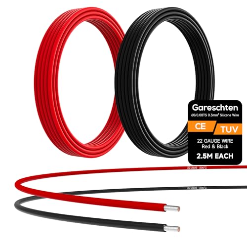 22 AWG Electrical Wire 2x2.5m Soft Silicone Tinned Copper Wire (Red & Black) - Low Impedance, High Temp Resistant Stranded Copper Cable for DIY, Toys, RC Models, Drones & Industrial Applications