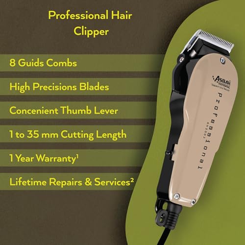 Image of ASBAH Professional Clipper | Corded Trimmer With 8 Guide Comb| One Year Warranty, Lifetime Repair & Services, Unisex, Multicolour
