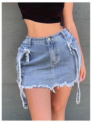 MakeMeChic Women's Raw Hem Flap Pocket Y2K Denim Mini Skirt Summer Short Cargo Skirts4
