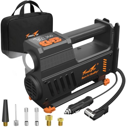 Image of TowerTop Tyre Inflator Air Compressor: 5X Faster Heavy Duty 12V Car Tyre Pump, Auto-Stop & Memory, High Precision Gauge, 500lm LED Torch, 3.3M Cord, All-in-One Design 30S Fast Inflation with Handbag