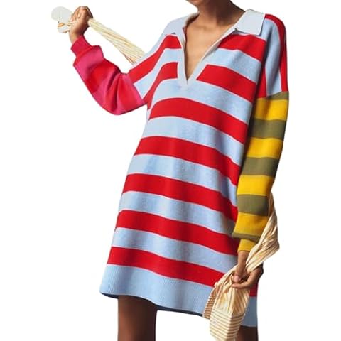 LifeShe Women's Striped Sweater Dress Long Sleeve V Neck Oversized Pullover Sweaters Fall Outfits Cover