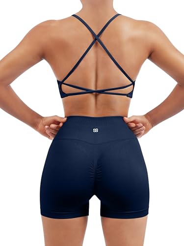 Image of SUUKSESS Women Seamless Workout Sets Strappy Sports Bra High Waist Booty Shorts Outfits