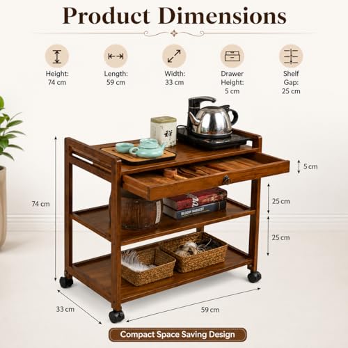 Image of Solid Wood Kitchen Trolley on Wheels - 3-Tier Rolling Serving Cart with Drawer & Storage Shelves, Portable Tea Coffee Station for Home, Wood Trolley Dining & Kitchen (L 59 x W 33 x H 80 cm)