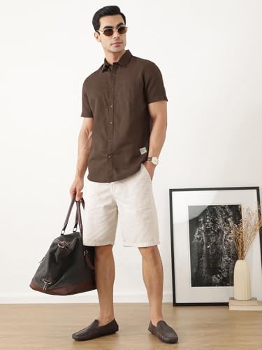 Image of Thomas Scott Men's | Solid | Half Sleeve | Slim Fit | Linen Blend | Spread Collar | Casual Shirt