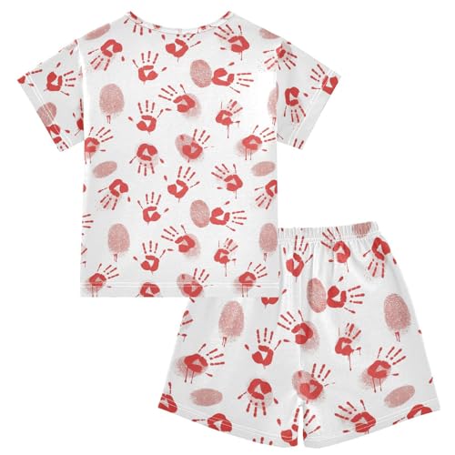 Pajama Short Sets Red Handprints and Fingerprints Soft Cotton Summer Sleepwear 2 Piece PJS Size 5-14T2