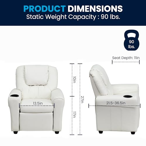 Image of Flash Furniture Vana Vinyl Kids Recliner with Cup Holder, Headrest, and Safety Recline, Contemporary Reclining Chair for Kids, Supports up to 90 lbs., White