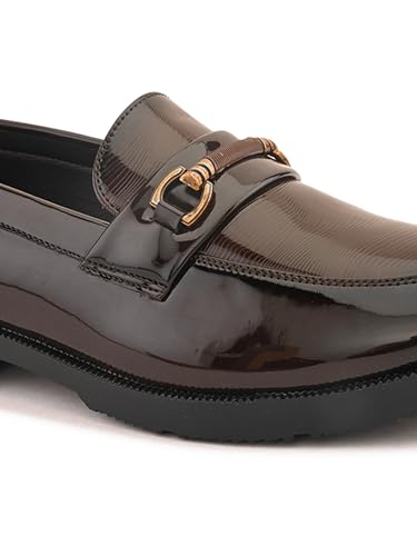 Image of STANPHORD Mens Loafers Men Brown Solid Leatherette petant Formal Office wear Wedding Slip on Moccasins Horsebit Loafers Shoes