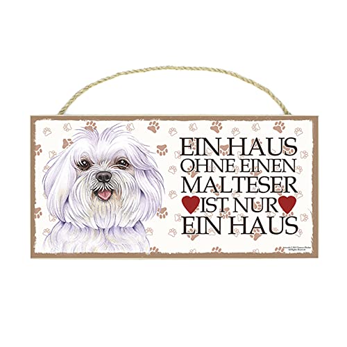 MALTESER - Haustierschild mit Spruch und realistischer Grafik. Als Tür, Torschild, Wanddekoration geeignet. Warnschild, Holztafel, Hauschild.