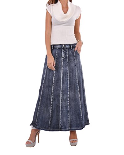Style J Blue Waterfall Long Denim Skirt-Brushed Blue-26(6)