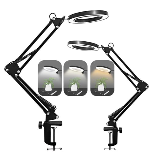Lupa con luz de 8X lámpara Escritorio iluminada LED Brazo oscilante Ajustable y Abrazadera 3 Modos iluminación 10 Brillo Cuidado los Ojos para Trabajos Finos Reparaciones Manualidades Lectura