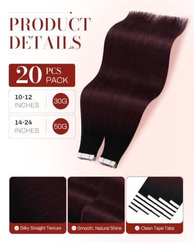 Image of Moresoo Wine Red Tape in Hair Extensions Remy Human Hair Tape in Extensions Balayage Off Black to Burgundy Ombre Human Hair Glue in Extensions 16 Inch #1B /99J 20pcs 50g