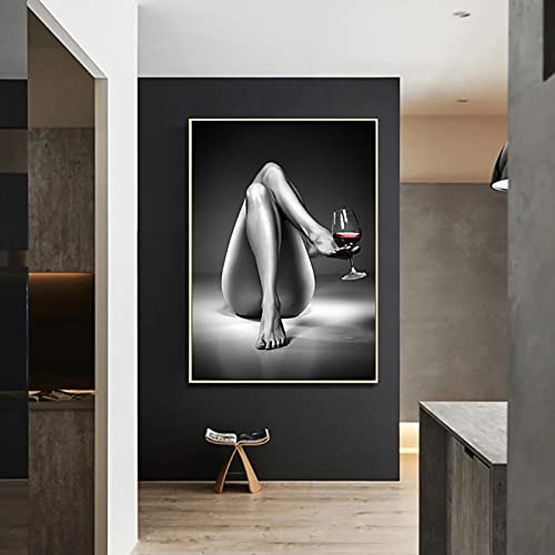 Peinture noir et blanc femme au verre de vin pour décoration murale salon