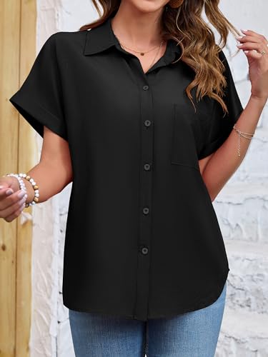 Womens Button Down Shirt Casual Short Sleeve Collared Work Blouse with Pocket3