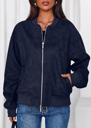 Lazysmile Women's Faux Suede Bomber Jackets Fall Fashion Outfits Winter Clothes Stand Collar Zip Up Coats Outwear with Pockets — view 5