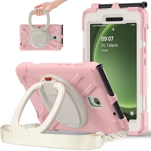 Coque Samsung Galaxy Tab Active 3 rose avec poignée rotative 360 et bandoulière antichoc