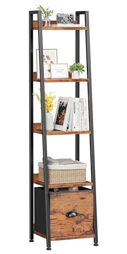 Furologee 5 Tier Narrow Ladder Shelf, Ladder Bookshelf with Drawer,