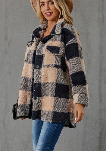 OMZIN Womens Soft Shirt Coat Fuzzy Casual Lapel Cardigan Plaid Flannel Loose Fit Multicolor Shirts2