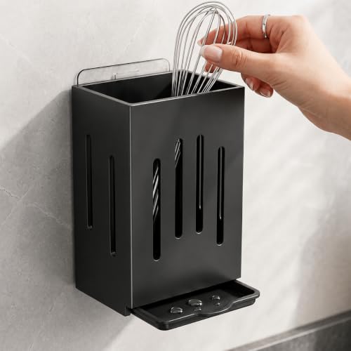Image of KitchAntiqueWall Mounted 3 Pc Utensil Holder with Hooks | Self Draining Cutlery Organizer, Adhesive Installation | Waterproof Kitchen Spoon Chopstick Storage Rack for Countertop & Wall Use (Black)