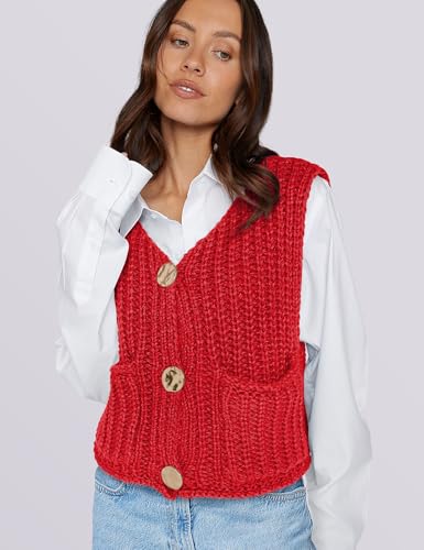Image of UEU Womens Chunky Sweater Vest Button Down Sleeveless Cardigan V Neck Crop Crochet Knit Tops 2025 Fashion Trendy Clothes