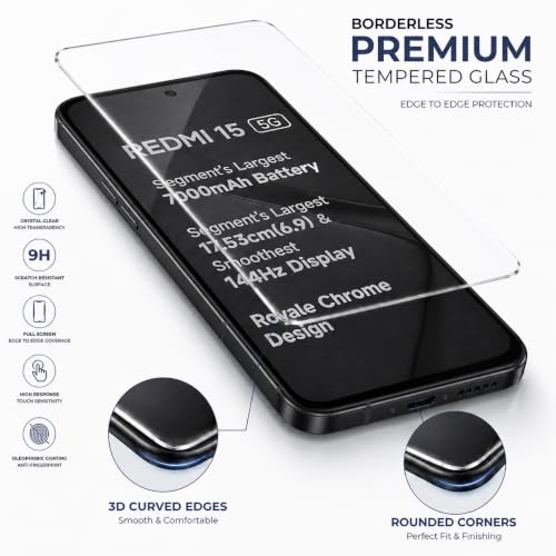 Image of ArmourPro 3D Borderless Tempered Glass for Redmi 15, Note 15 Pro, Poco F7 and Poco M7 Plus, Set of 2 HD Clear Screen Protectors with 3D Curved Edges, 9H Hardness, Oleophobic Coating, Case Friendly