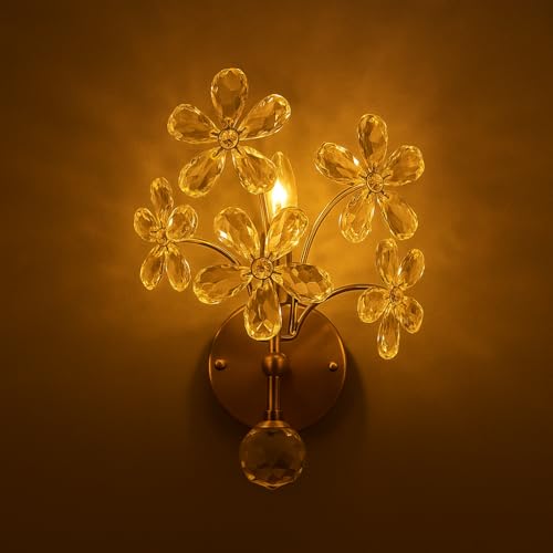 Image of blissbells Luxury Crystal Flower Gold Wall Light | Decorative LED Wall Lamp for Bedroom, Bedside, Living Room & Hotel Decor