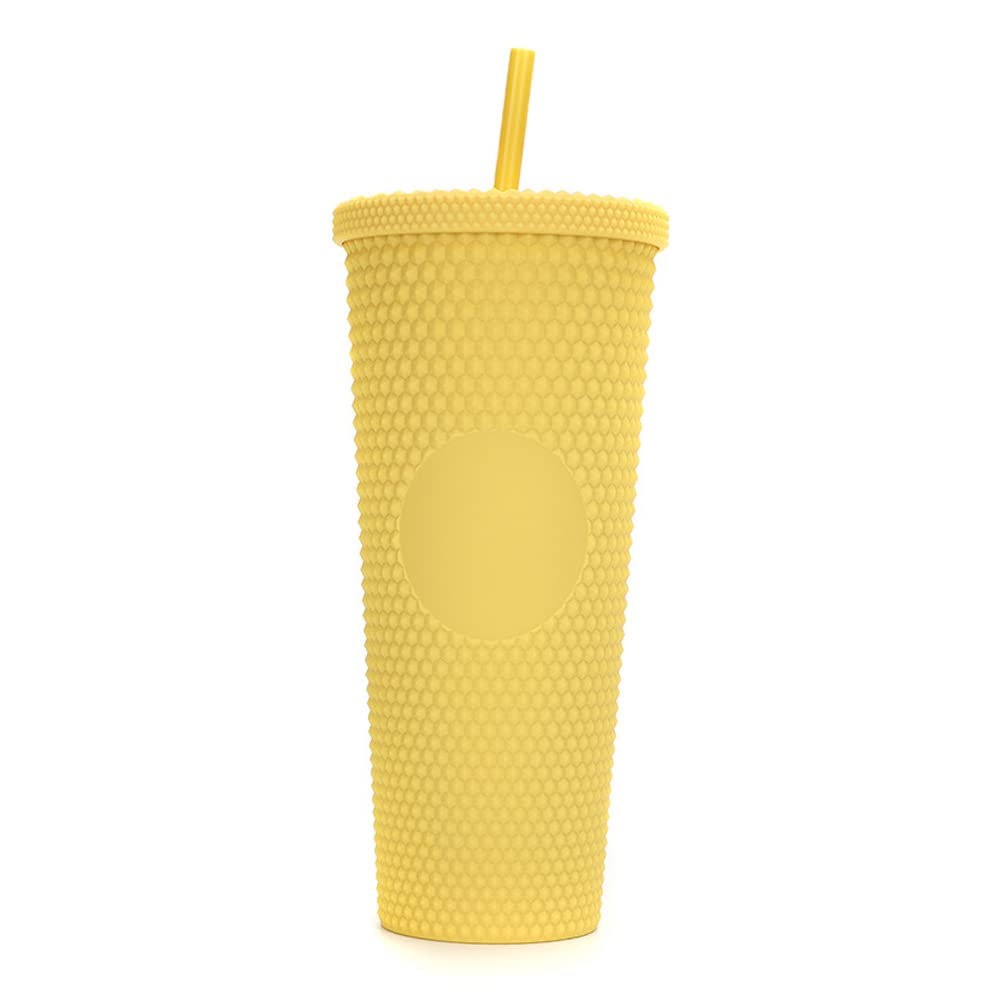 LAURAG 710ML/24OZ Large Capacity Water Cup Fully Studded Matte Tumbler Reusable Plastic Cup with Wide Opening Leak-Proof Lid Straw (Yellow)