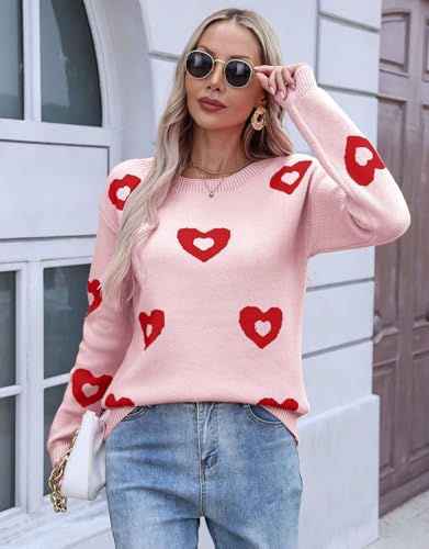 Image of Womens Cute Heart Sweater Crew Neck Long Sleeve Pullover Valentines Sweater