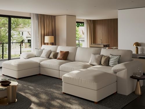 Image of EASE MOOSE Oversized Leather Modular Sectional Sofa,Sectional Couch with Deep Seat,Extra Large U Shaped Couch,Faux Leather Material Sofa Modern Comfy Scratch Resistant,Beige