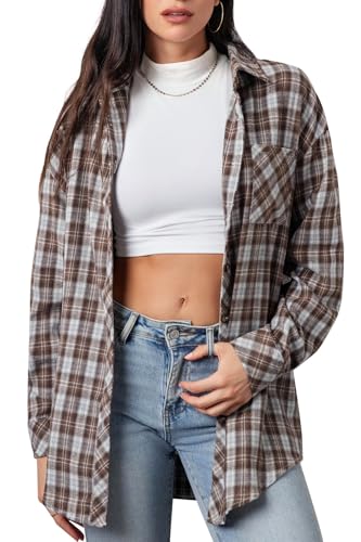 Image of CHYRII Womens Button Down Flannel Shirts Long Sleeve Plaid Shackets Business Casual Blouse Top