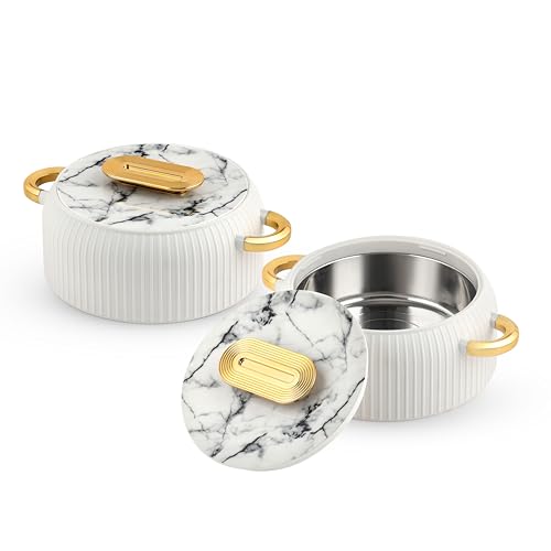 Image of CELLO Castella Insulated Steel Casserole Hot Box Set of 2 Pcs for Kitchen 1000ml Gold White | Airtight Serving Hot Pot Case Keeps Food Hot & Warm for Long Hours, Casserole Set for Roti Chapati Rice