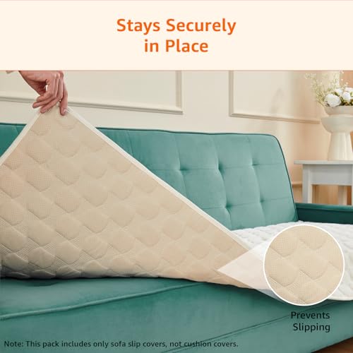 Image of Amazon Basics Quilted Sofa Cover for Three Seater, Playful Polka Dots, Non-Slip Sofa Pad, 70x180 cm, Soft Silicone Grip Dots, 100% Polyester, Machine Washable - Off-White