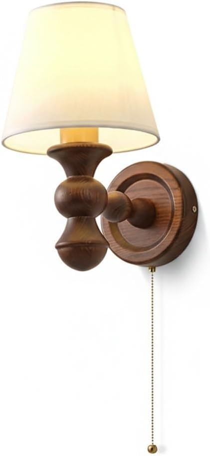Vintage Solid Wood Wall Sconce, Walnut Mid Century Wall Light, Mounted Bedside Lamp with Fabric Shade and Pull Chain for Bedroom, Study, Living Room, Farmhouse Decor Parlor