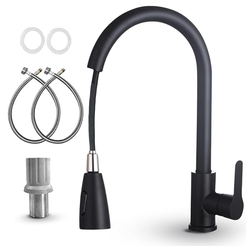 MSC Pull Out Kitchen Mixer Tap – 360° Swivel Kitchen Sink Taps with 2 Spray Modes, Stainless Steel Sink Tap for Easy Cleaning, Modern Matte Black Finish