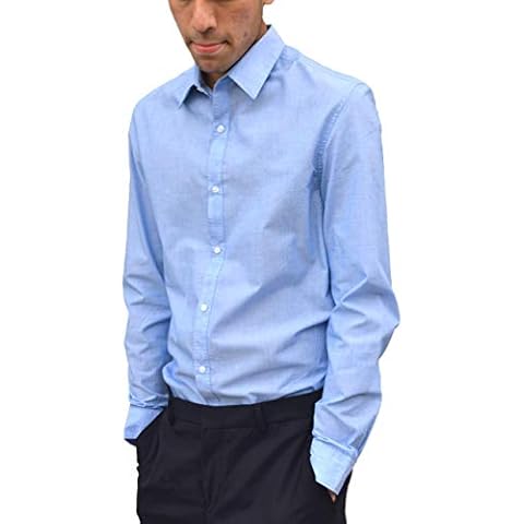 Popoqo Mens Formal Long Sleeve Shirt Slim Fit Business Office Work Plain Dress Easy Iron Casual Tops (Medium - Blue) Cover